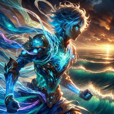 The primary subject of the image is a person, likely a male, dressed in a blue and gold outfit. The setting is a beach, with the ocean visible in the background. The visual style appears to be a digital art or illustration, as the colors and details are vibrant and intricate. The overall atmosphere of the image is one of adventure and exploration, as the person seems to be walking along the shoreline.